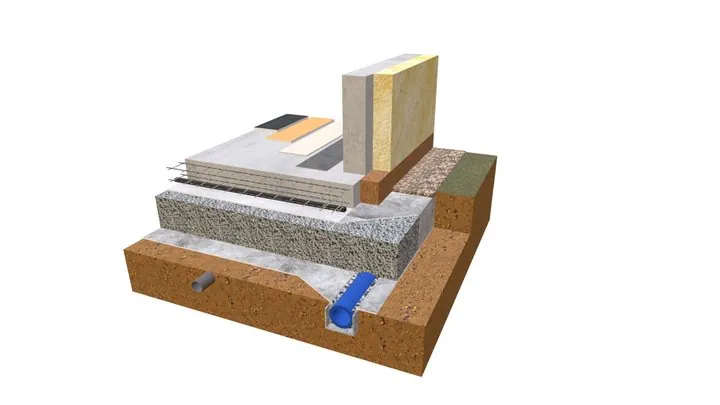 Aperçu de la coupe radier avec isolation thermique extérieure