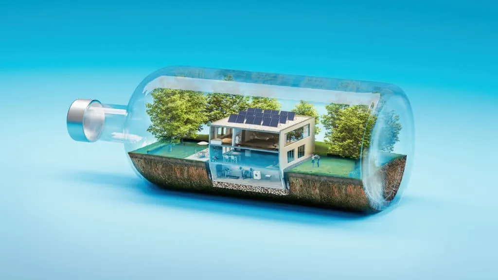 Maison ancienne dans une bouteille, symbole de la rénovation MISAPOR