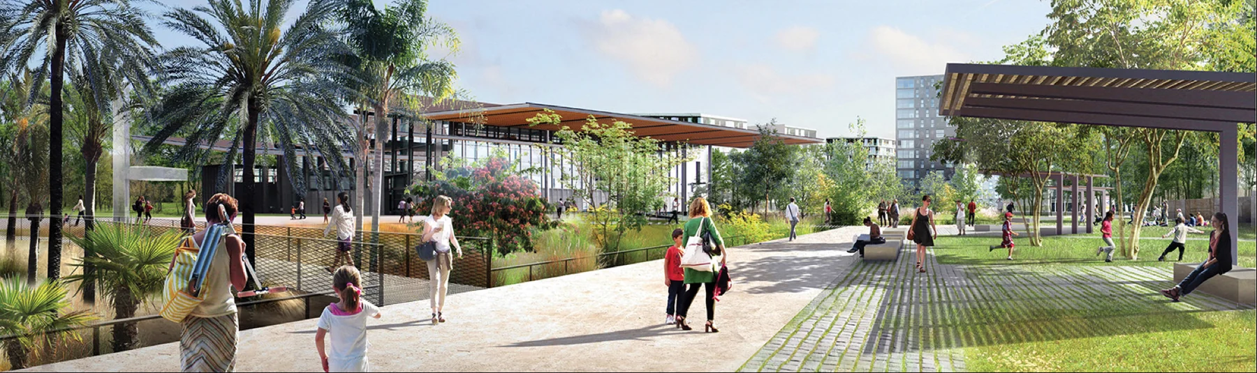 Allées et aménagements minéraux dans un parc urbain