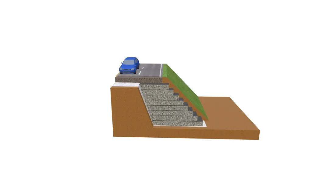 Coupe 3D d’un remblai MISAPOR renforcé par géogrilles à environ 45 degrés