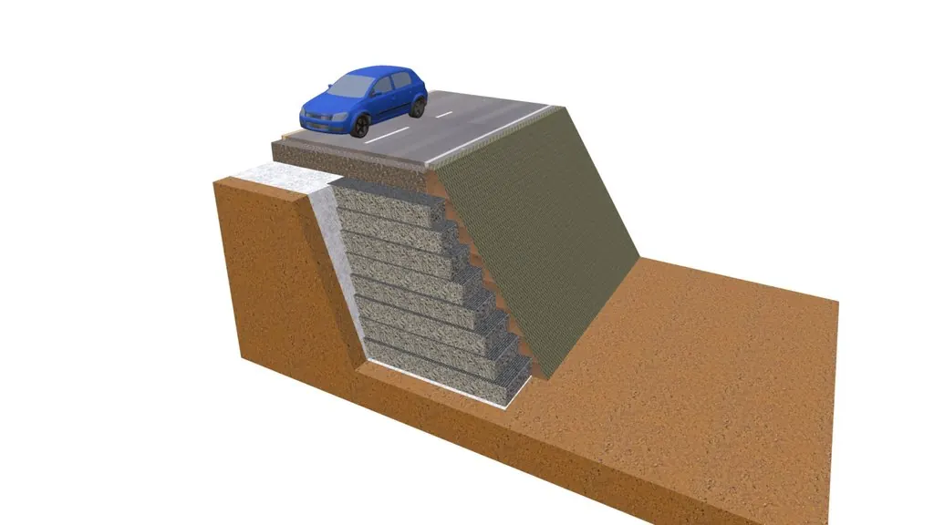 Coupe 3D d’un remblai MISAPOR renforcé et végétalisé à environ 70 degrés