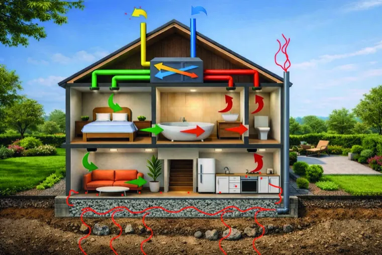 Principe de captage du radon sous une maison rénovée avec une couche MISAPOR et un réseau de dépressurisation